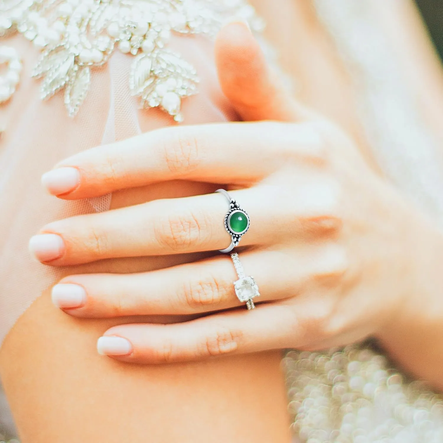 6mm Mini Round Stone Thin Ring,Cute Dainty Tiny Retro S925 Sterling Silver Natural Quartz Crystal Gemstone Ring for Women (A07_Green Agate, 8)