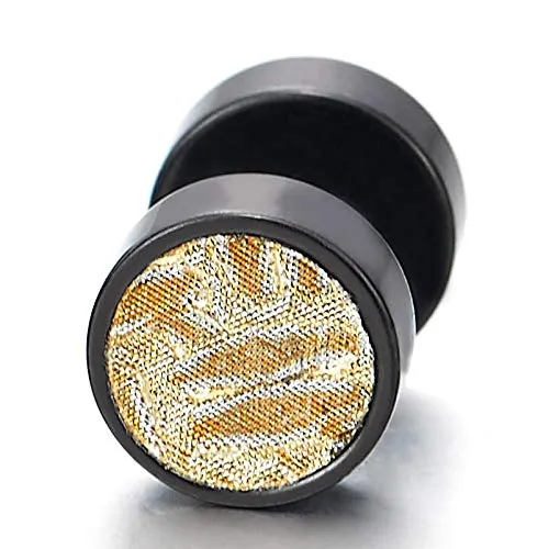 8mm Men Women Black Circle Stud Earrings Gold Textured Sand Glitter Steel Cheater Fake Plug Gauges