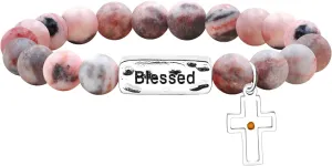 8mm Natural Stone Beaded Blessed Bracelets for Women - Mustard Seed Cross Charms Bracelet Religious Christian Bless Jewelry for Church Prayer SJYA4657