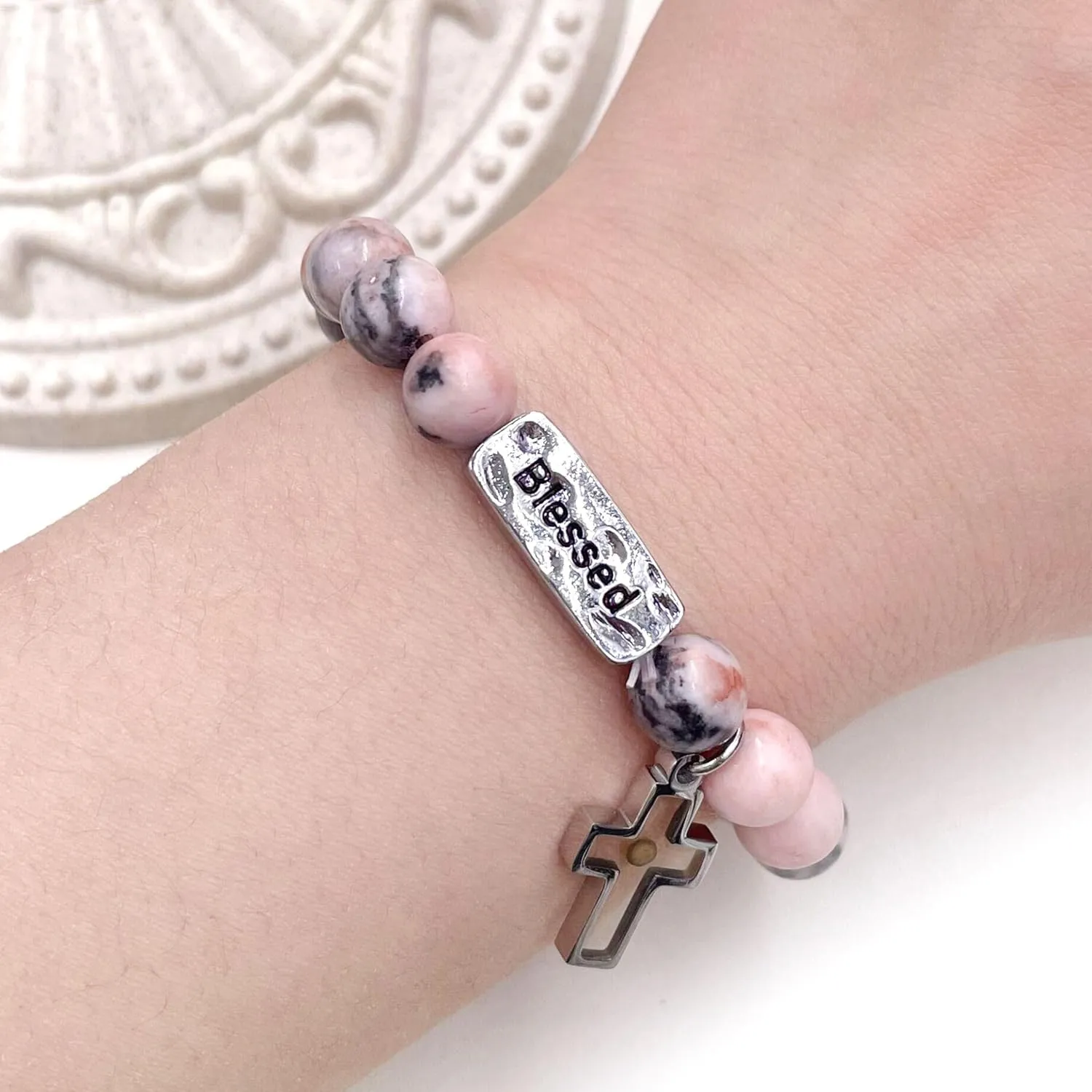 8mm Natural Stone Beaded Blessed Bracelets for Women - Mustard Seed Cross Charms Bracelet Religious Christian Bless Jewelry for Church Prayer SJYA4657