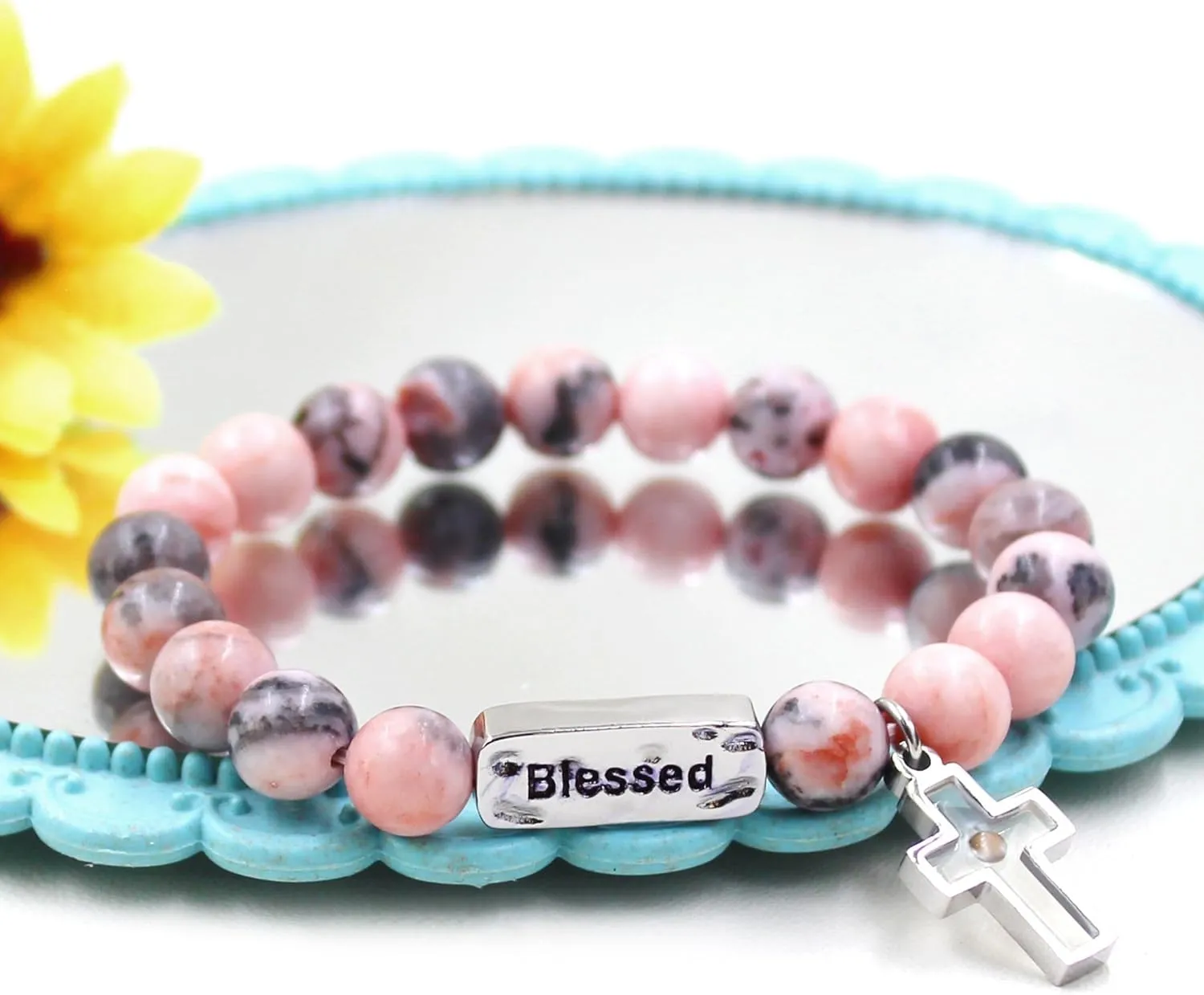 8mm Natural Stone Beaded Blessed Bracelets for Women - Mustard Seed Cross Charms Bracelet Religious Christian Bless Jewelry for Church Prayer SJYA4657