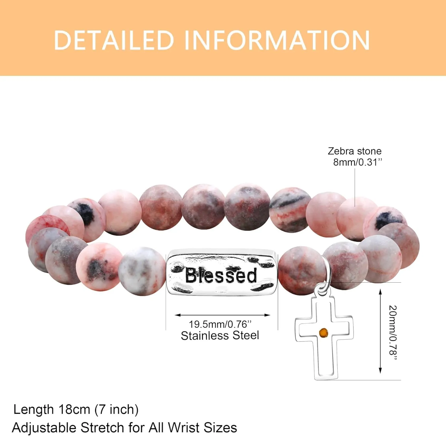 8mm Natural Stone Beaded Blessed Bracelets for Women - Mustard Seed Cross Charms Bracelet Religious Christian Bless Jewelry for Church Prayer SJYA4657
