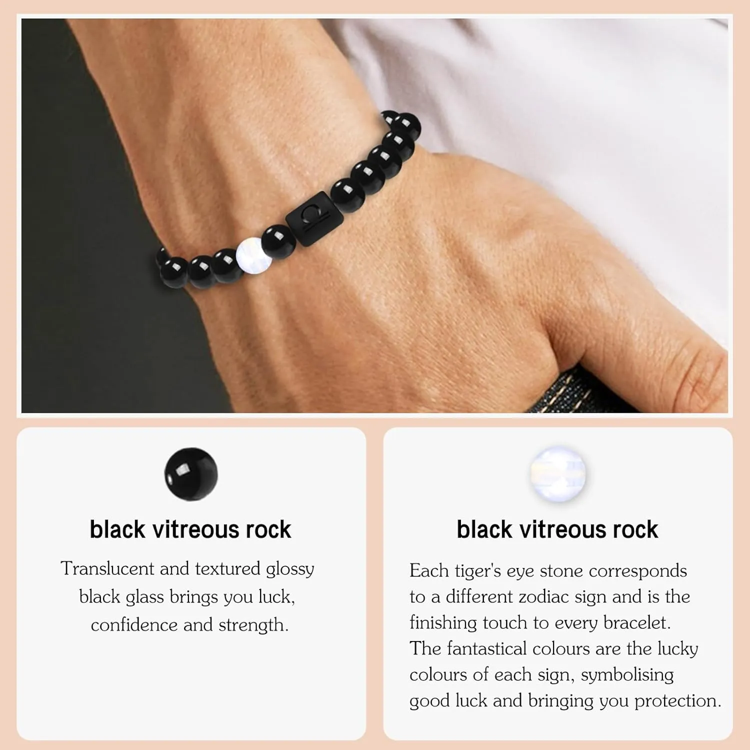 8mm Zodiac Bracelet for Men Women Constellation Natural Black Onyx Stone Elastic Handmade Beads Hand Chain for Birthday Gift