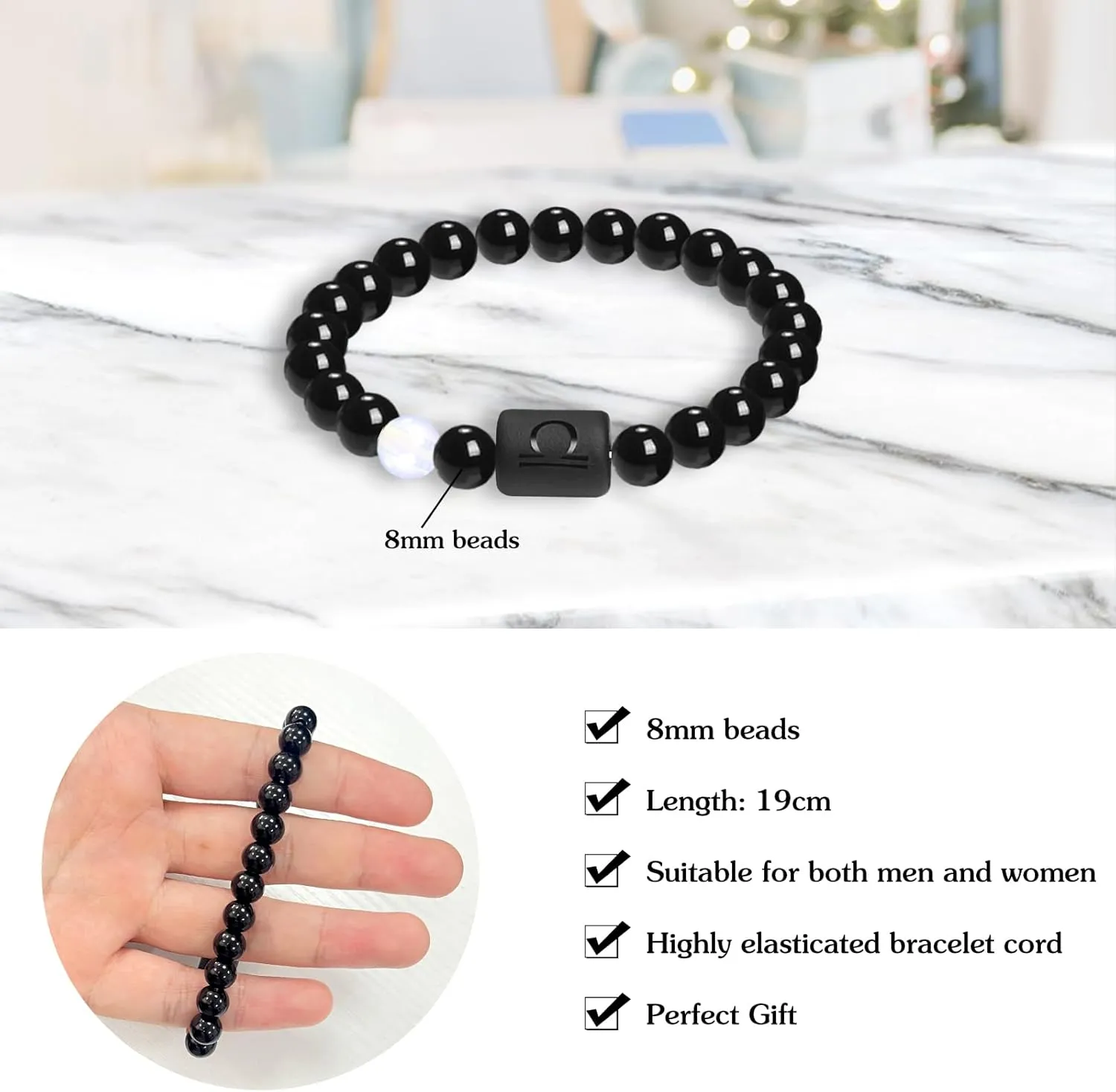 8mm Zodiac Bracelet for Men Women Constellation Natural Black Onyx Stone Elastic Handmade Beads Hand Chain for Birthday Gift
