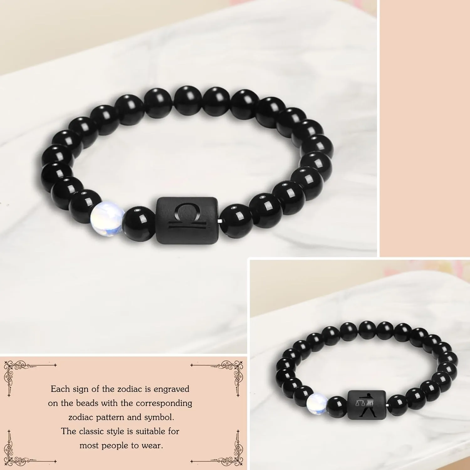 8mm Zodiac Bracelet for Men Women Constellation Natural Black Onyx Stone Elastic Handmade Beads Hand Chain for Birthday Gift