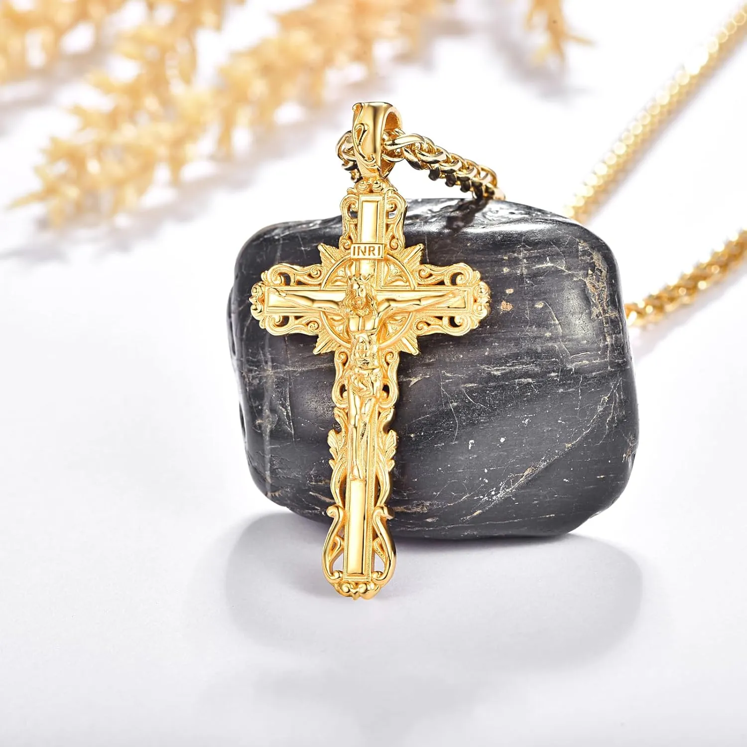 925 Sterling Silver Cross Crucifix Jesus Christ INRI Pendant Necklace for Men Women Medal Christian Religious Necklaces for Mens