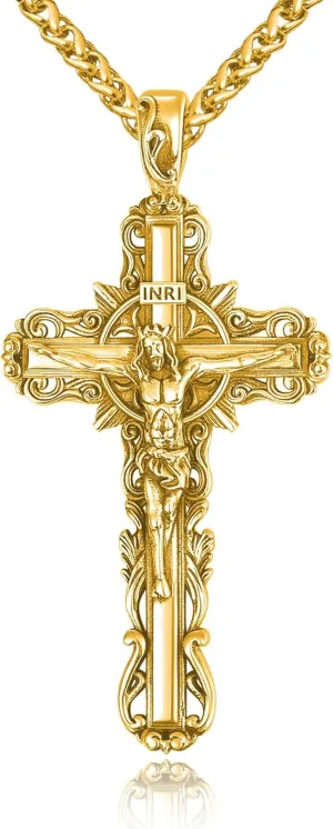 925 Sterling Silver Cross Crucifix Jesus Christ INRI Pendant Necklace for Men Women Medal Christian Religious Necklaces for Mens