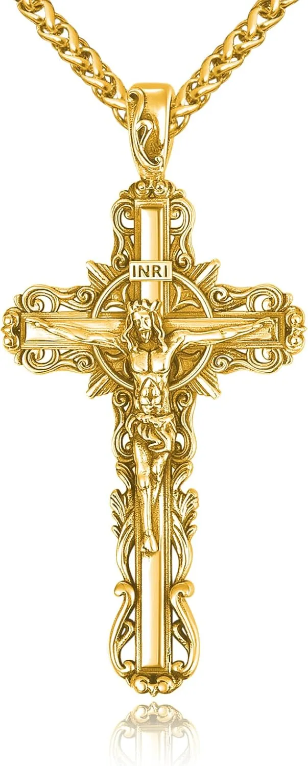 925 Sterling Silver Cross Crucifix Jesus Christ INRI Pendant Necklace for Men Women Medal Christian Religious Necklaces for Mens