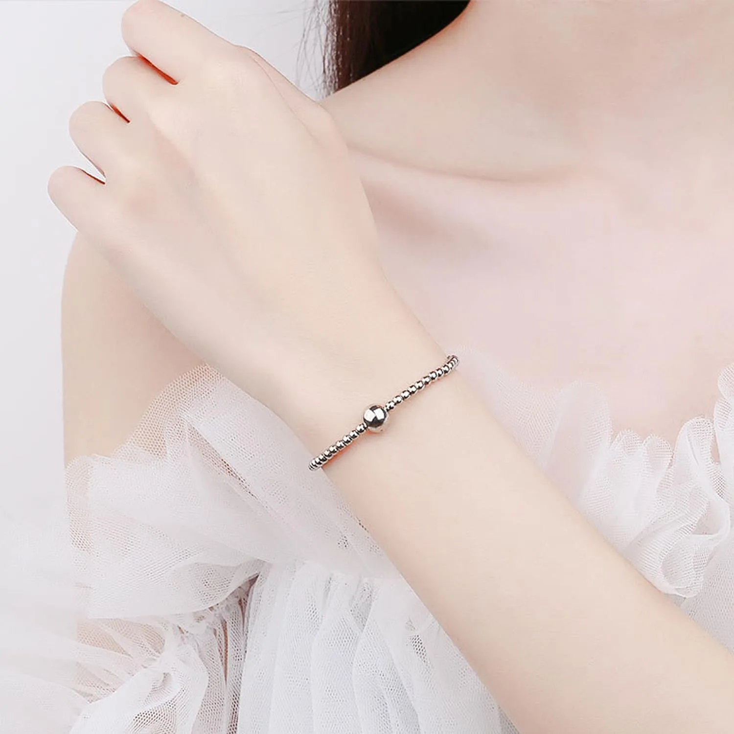 925 Sterling Silver Handmade Strand Chain Bracelet 4mm Bead Ball Stretch Bracelets for Women Silver Jewelry Gift