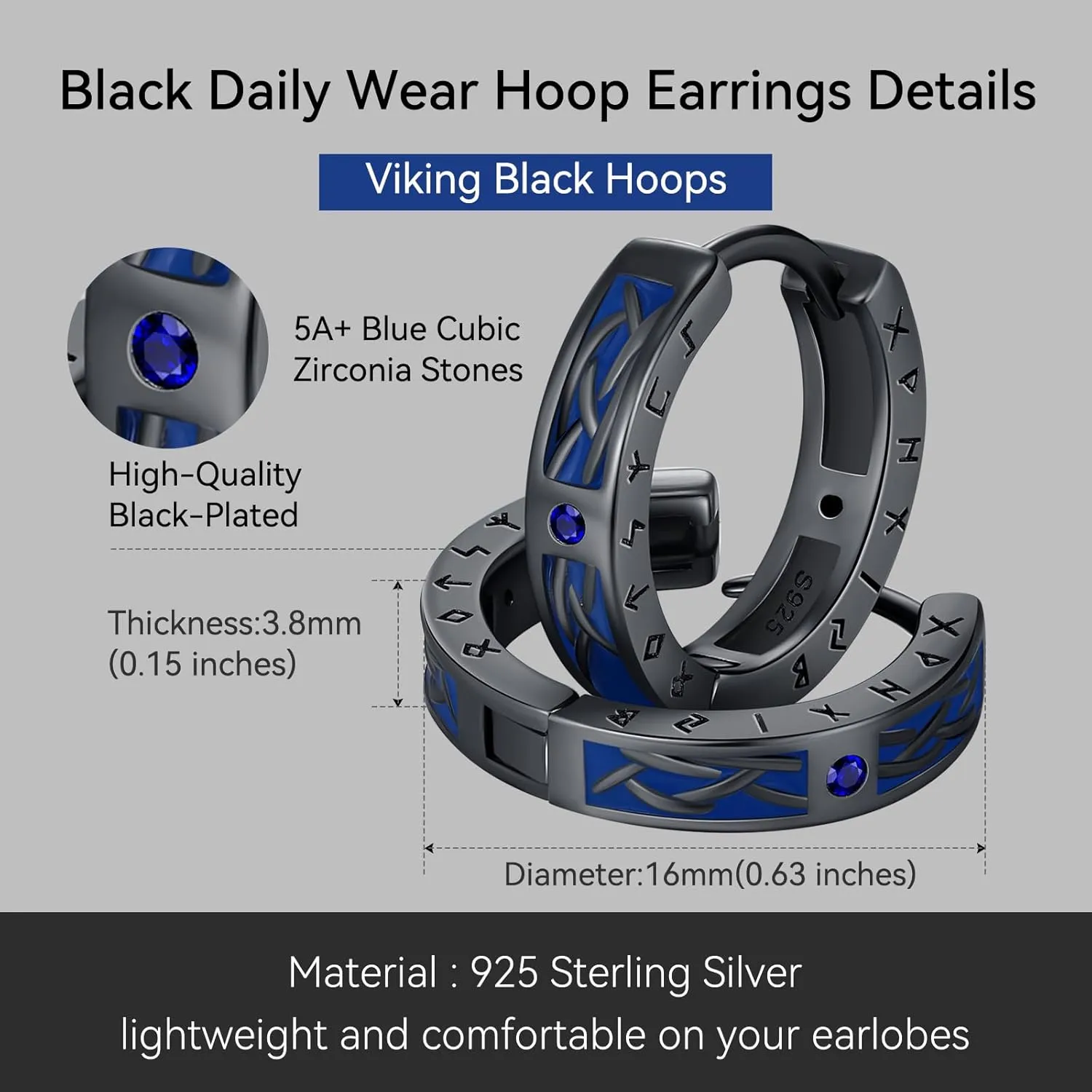 925 Sterling Silver Norse Viking Runes Hoop Earring Celtic Knot Earrings for Men Women Hypoallergenic Sturdy Punk Huggie Hoops Jewelry Gift