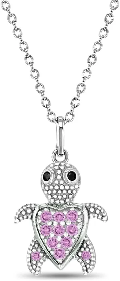 925 Sterling Silver Pink Cubic Zirconia Cute Turtle Pendant Necklace For Little Girls and Preteens 16" - Special Tropical Vacation Necklaces for Little Girls - Sea Animal Pendants For Girls