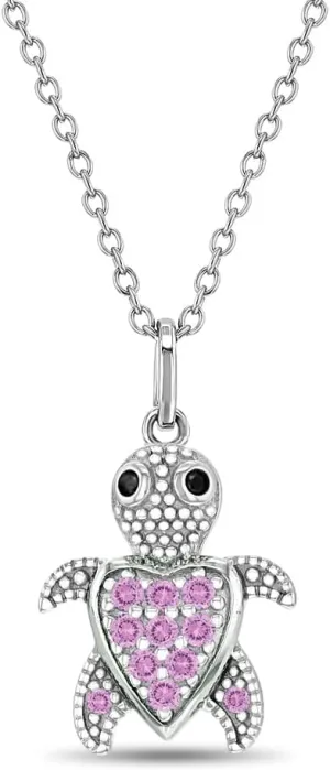 925 Sterling Silver Pink Cubic Zirconia Cute Turtle Pendant Necklace For Little Girls and Preteens 16" - Special Tropical Vacation Necklaces for Little Girls - Sea Animal Pendants For Girls