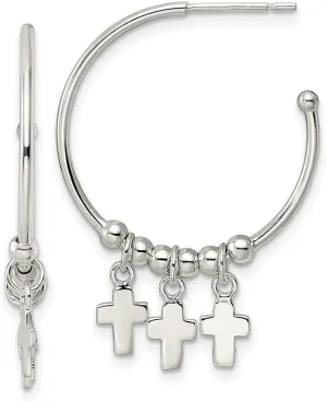 925 Sterling Silver Polished and Beaded Religious Faith Cross Dangle Post C hoop Earrings 34.6x25.15mm Wide-Hoop Earring for Women