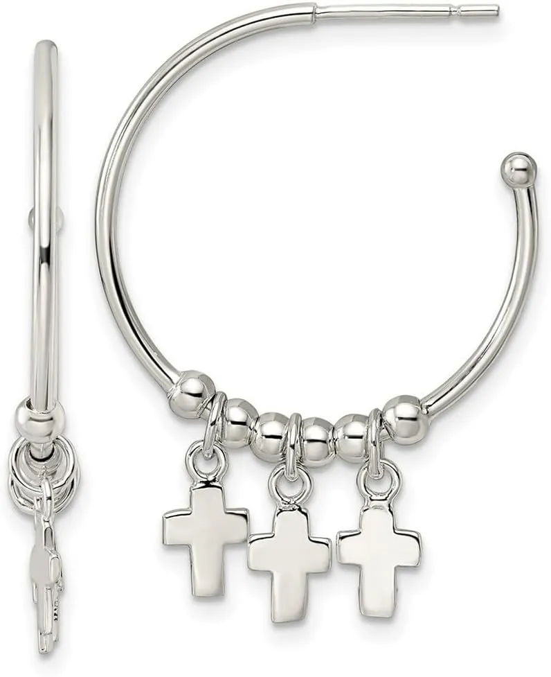 925 Sterling Silver Polished and Beaded Religious Faith Cross Dangle Post C hoop Earrings 34.6x25.15mm Wide-Hoop Earring for Women