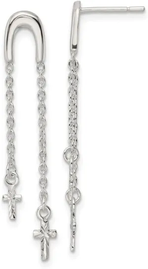 925 Sterling Silver Polished and Sparkle Cut Religious Faith Cross Multi chain Post Long Drop Dangle Earrings 39.7x6.56mm Wide-Dangle Earring for Women