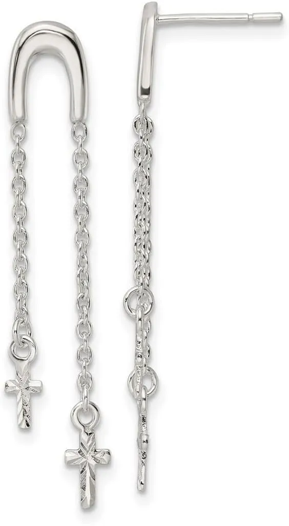 925 Sterling Silver Polished and Sparkle Cut Religious Faith Cross Multi chain Post Long Drop Dangle Earrings 39.7x6.56mm Wide-Dangle Earring for Women