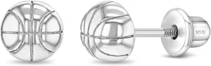 925 Sterling Silver Polished Basketball Safety Screw Back Earrings For Little Girls and Preteens - Children's Sports Ball Stud Earrings - Basketball Sports Themed Girls Earrings