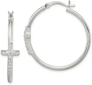 925 Sterling Silver Polished CZ Simulated Diamond Fancy Religious Faith Cross Hinged Hoop Earrings 33x33mm Wide 9mm-Hoop Earring for Women