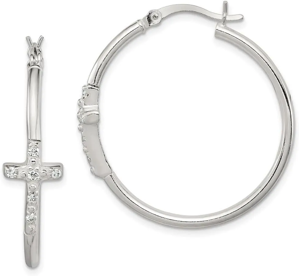 925 Sterling Silver Polished CZ Simulated Diamond Fancy Religious Faith Cross Hinged Hoop Earrings 33x33mm Wide 9mm-Hoop Earring for Women