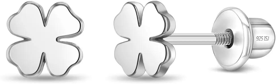 925 Sterling Silver Polished Four Leaf Clover Earrings For Children - Small Lucky Clover Earrings For A Toddler or Young Girl
