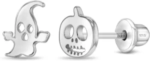 925 Sterling Silver Polished Ghost and Pumpkin Halloween Safety Screw Back Earrings For Little Girls - Children's Small Halloween Themed Earrings - Halloween Girl Earrings