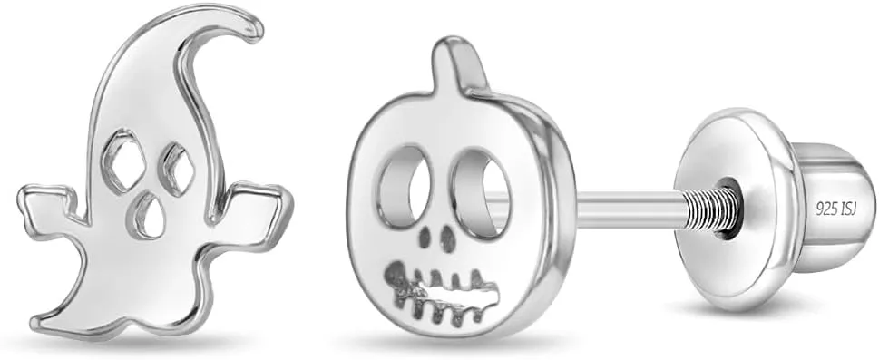 925 Sterling Silver Polished Ghost and Pumpkin Halloween Safety Screw Back Earrings For Little Girls - Children's Small Halloween Themed Earrings - Halloween Girl Earrings