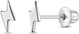 925 Sterling Silver Polished Lightening Bolt Shaped Screw Back Earrings For Little Girls, Preteens & Teens - Petite Size Screw Back Earrings For Teenage Girls - Small Earrings For Girls Pierced Ears