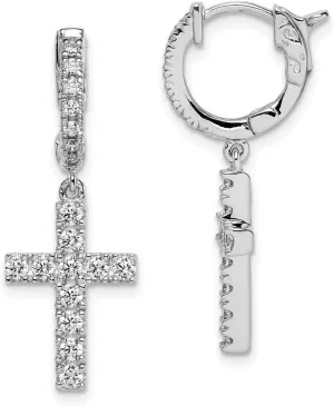 925 Sterling Silver Polished Rhodium Plated CZ Simulated Diamond Hinged Hoop Dangle Religious Faith Cross Earrings 31x11mm Wide 3mm Thick-Hoop Earring for Women