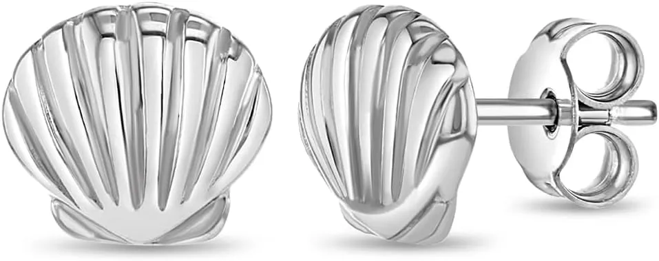 925 Sterling Silver Polished Seashell Standard Push Back Earrings For Little Girls & Preteens - Tiny seashell Earrings For Little Girls - Adorable Vacation Time Earrings For Preteen Girls
