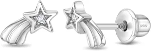 925 Sterling Silver Polished Shooting Star Safety Screw Back Earrings With Cubic Zirconia For Little Girls - Small Sparkling Star Earrings For Young Girls - Star Shaped Earrings For Kids
