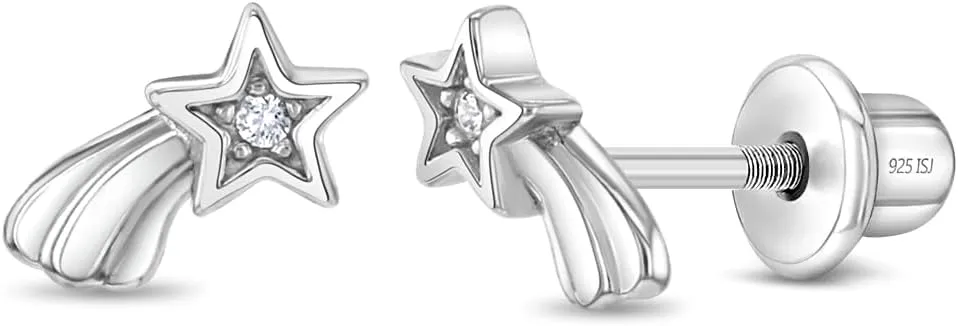 925 Sterling Silver Polished Shooting Star Safety Screw Back Earrings With Cubic Zirconia For Little Girls - Small Sparkling Star Earrings For Young Girls - Star Shaped Earrings For Kids