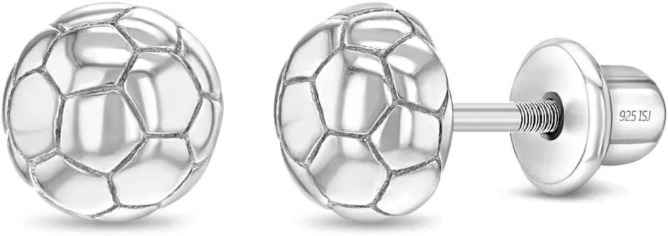 925 Sterling Silver Polished Soccer Ball Safety Screw Back Earrings For Little Girls & Preteens - Children's Sports Accessories for Game Day - Soccer Ball Earrings for Children