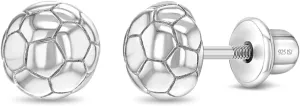 925 Sterling Silver Polished Soccer Ball Safety Screw Back Earrings For Little Girls & Preteens - Children's Sports Accessories for Game Day - Soccer Ball Earrings for Children