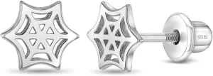 925 Sterling Silver Polished Tangled Spiderweb Safety Screw Back Earrings For Little Girls - Children's Spiderweb Earrings For Children - Little Girls Web Earrings