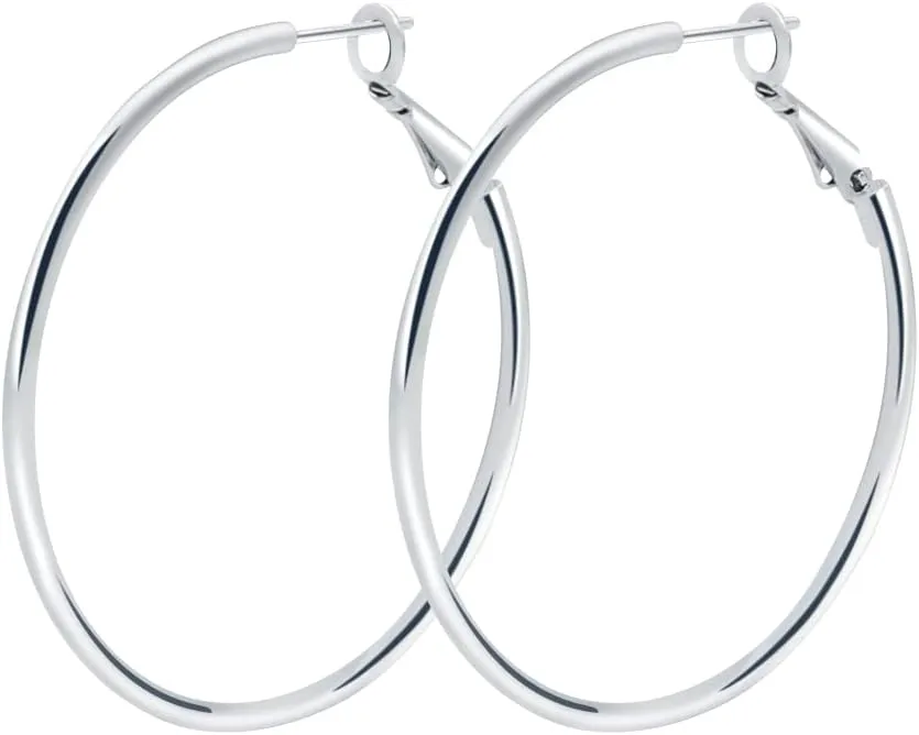 925 Sterling Silver Post Hoop Earrings,18K White Gold Plated Polished Rounded Hoop Earrings For Women, Gift Box Packaging