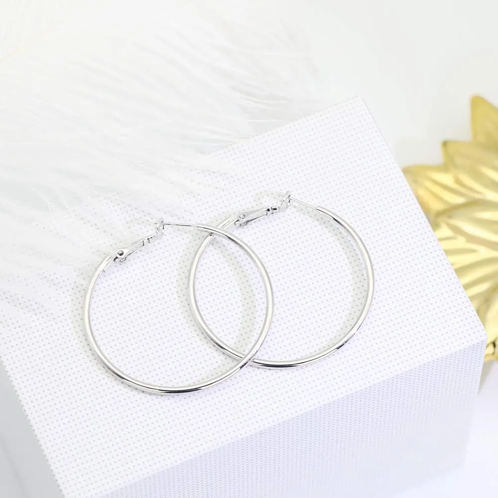 925 Sterling Silver Post Hoop Earrings,18K White Gold Plated Polished Rounded Hoop Earrings For Women, Gift Box Packaging