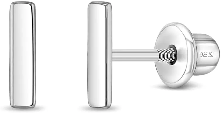 925 Sterling Silver Tiny Polished Bar Safety Screw Back Earrings For Young Girls - Everyday Wear Screw Back Earrings For Children - Lightweight Bar Earrings For Girls