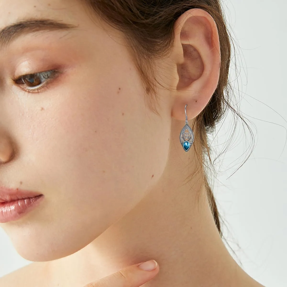 925 Sterling Silver Vintage Oxidized Filigree Dangle Drop Earrings with 7mm Teardrop 12 Months Birthstone Jewelry Gifts for Women