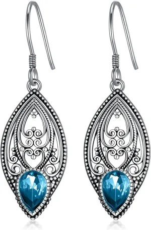 925 Sterling Silver Vintage Oxidized Filigree Dangle Drop Earrings with 7mm Teardrop 12 Months Birthstone Jewelry Gifts for Women