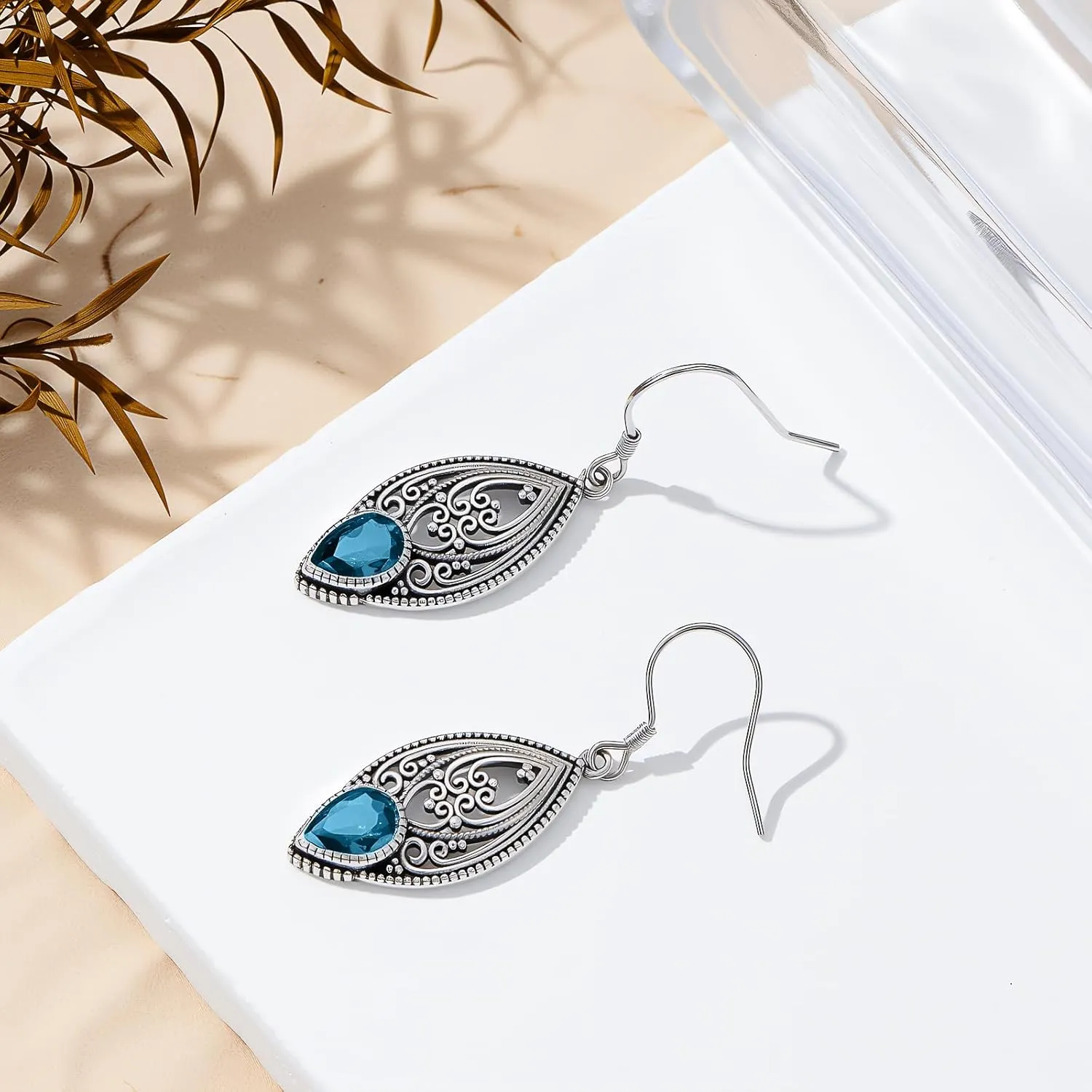 925 Sterling Silver Vintage Oxidized Filigree Dangle Drop Earrings with 7mm Teardrop 12 Months Birthstone Jewelry Gifts for Women