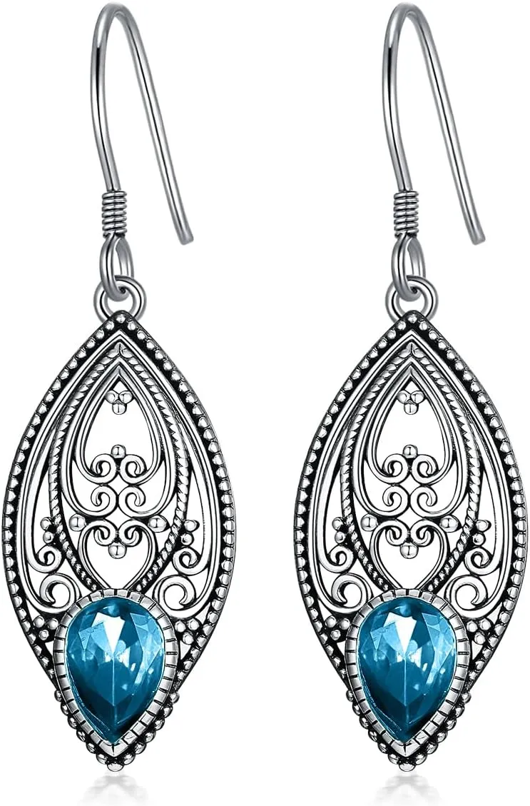 925 Sterling Silver Vintage Oxidized Filigree Dangle Drop Earrings with 7mm Teardrop 12 Months Birthstone Jewelry Gifts for Women