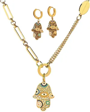 ABJFJE Fashion Gold Plated Enamel Evil Eye Earrings Necklaces Jewelry Set Stainless Steel Hamsa Eye Pendant Lucky Protection Jewelry Gift for Women