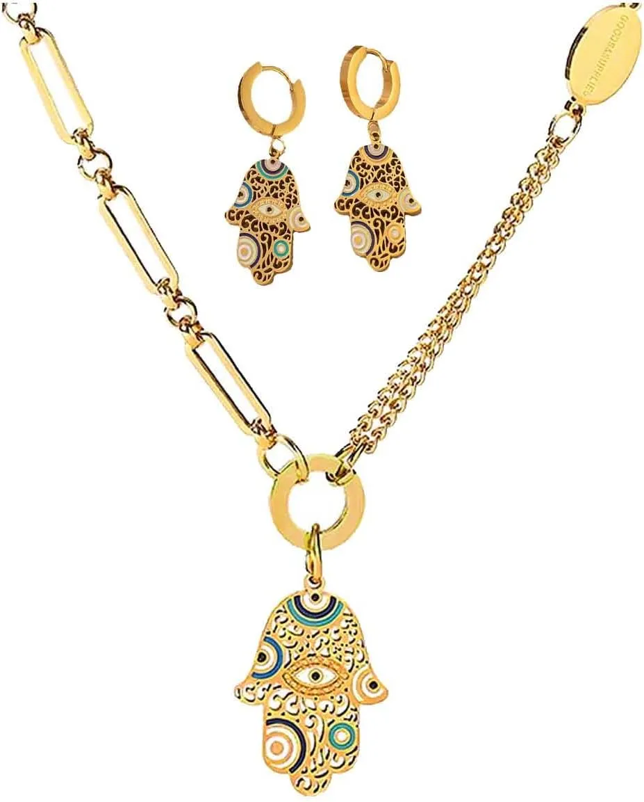 ABJFJE Fashion Gold Plated Enamel Evil Eye Earrings Necklaces Jewelry Set Stainless Steel Hamsa Eye Pendant Lucky Protection Jewelry Gift for Women