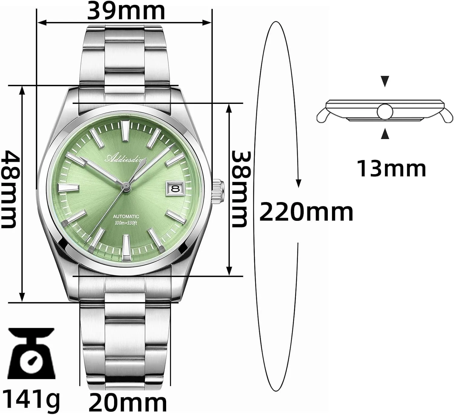ADDIESDIVE Luxury Mens Automatic Watch NH35A Selfwinding Movement Casual Watch Curved Glass BGW9 Luminous 100M Waterproof