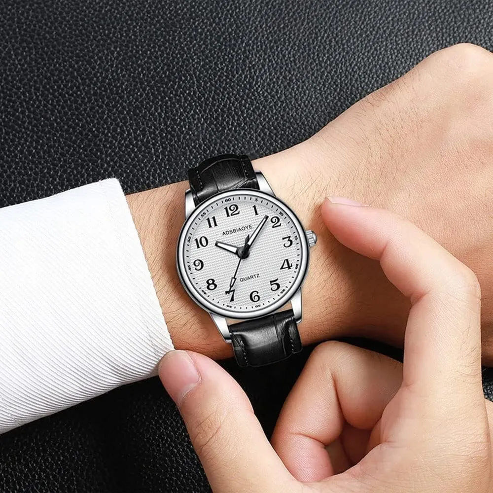 ADSBIAOYE Men's Minimalist Easy Reader Watch Stainless Steel Leather Strap Waterproof Bussiness Casual Mens Quartz Wrist Watch