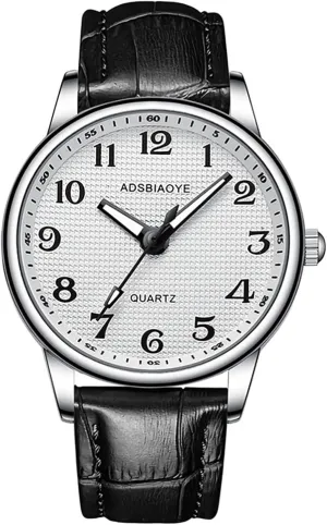 ADSBIAOYE Men's Minimalist Easy Reader Watch Stainless Steel Leather Strap Waterproof Bussiness Casual Mens Quartz Wrist Watch