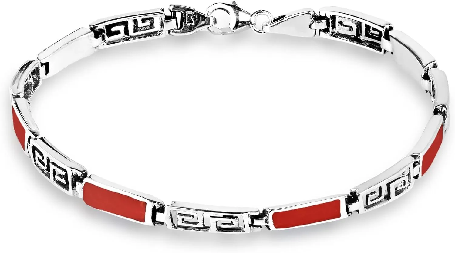 AeraVida Greek Key Labyrinth Stone Inlay .925 Sterling Silver Link Bracelet | Casual Sterling Silver Bangle Bracelet | Jewelry Gift