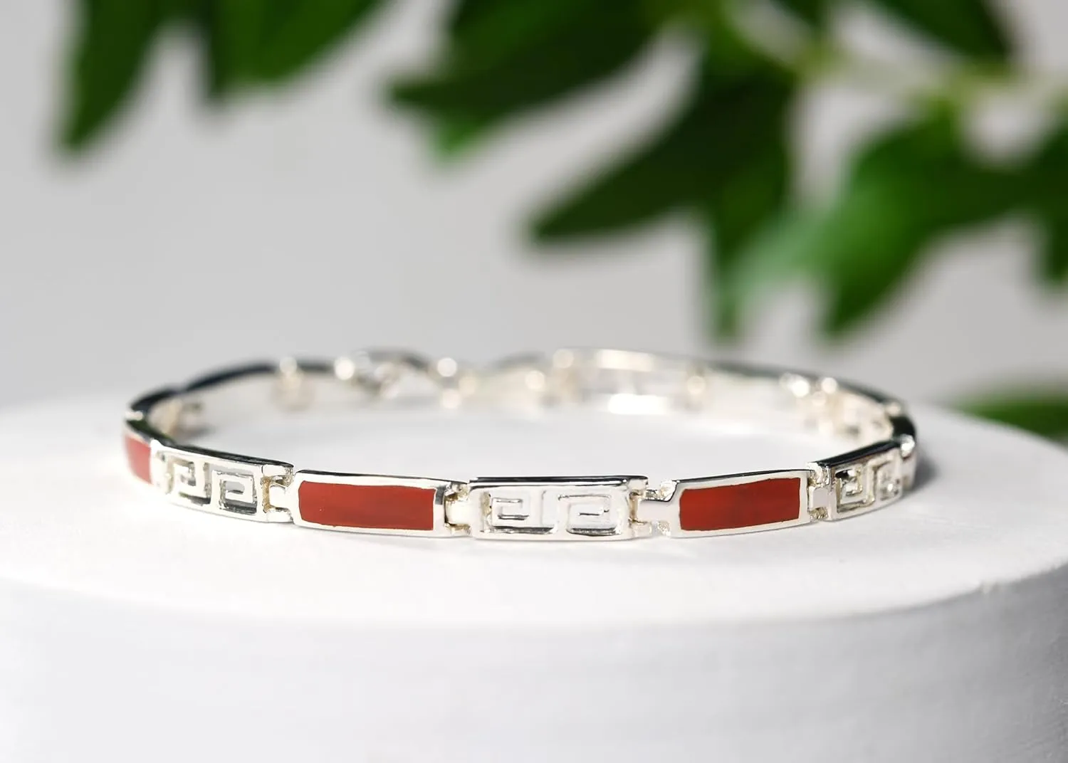 AeraVida Greek Key Labyrinth Stone Inlay .925 Sterling Silver Link Bracelet | Casual Sterling Silver Bangle Bracelet | Jewelry Gift