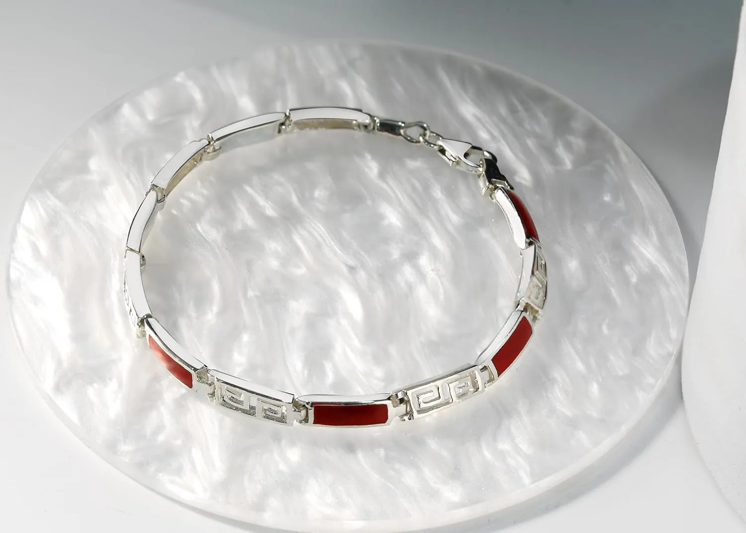 AeraVida Greek Key Labyrinth Stone Inlay .925 Sterling Silver Link Bracelet | Casual Sterling Silver Bangle Bracelet | Jewelry Gift