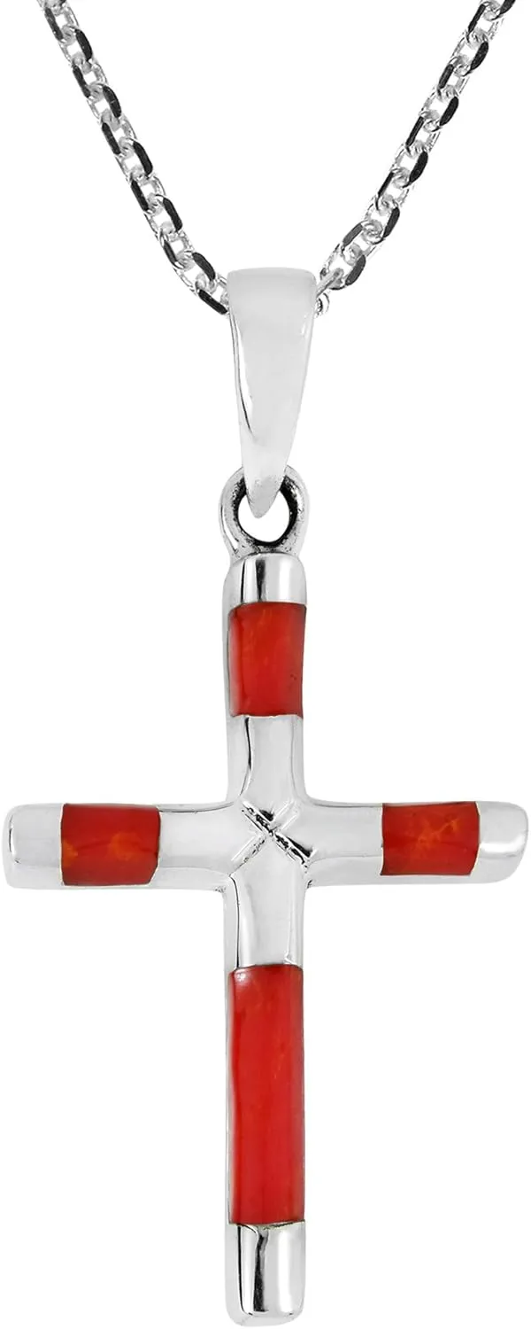 AeraVida Unisex Cross Reconstructed Red Coral Genuine .925 Sterling Silver Necklace | Casual Religious Ornament | Sterling Silver Necklace for Women | Long Necklaces for Women | Necklace Women Jewelry